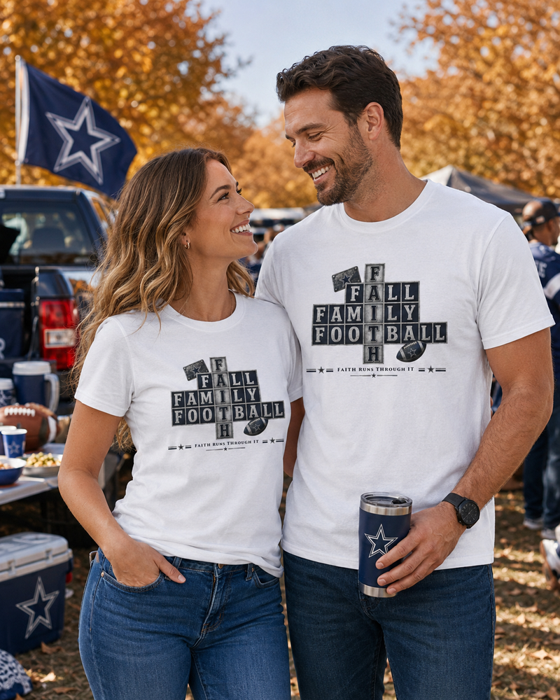 Faith & Sport | Fall Family Football — T-Shirt Faith Runs Through It-Dallas Edition | Game Day Faith Tee | Veteran-Owned Small Business | Liberty & Victory Co.
