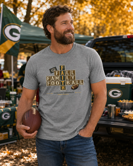 Faith & Sport | Fall Family Football — T-Shirt Faith Runs Through It-Green Bay Edition | Game Day Faith Tee | Veteran-Owned Small Business | Liberty & Victory Co.
