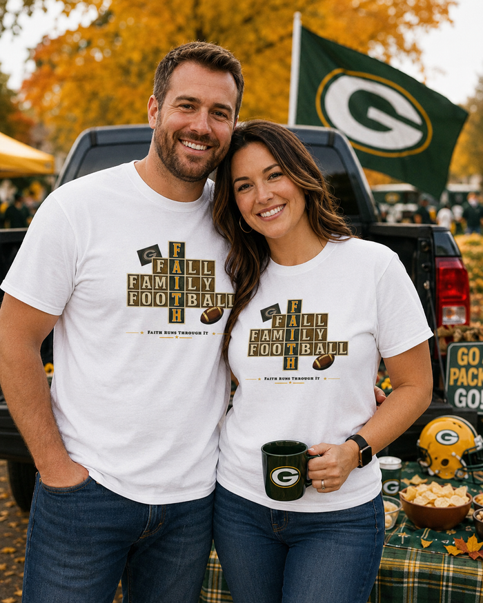 Faith & Sport | Fall Family Football — T-Shirt Faith Runs Through It-Green Bay Edition | Game Day Faith Tee | Veteran-Owned Small Business | Liberty & Victory Co.