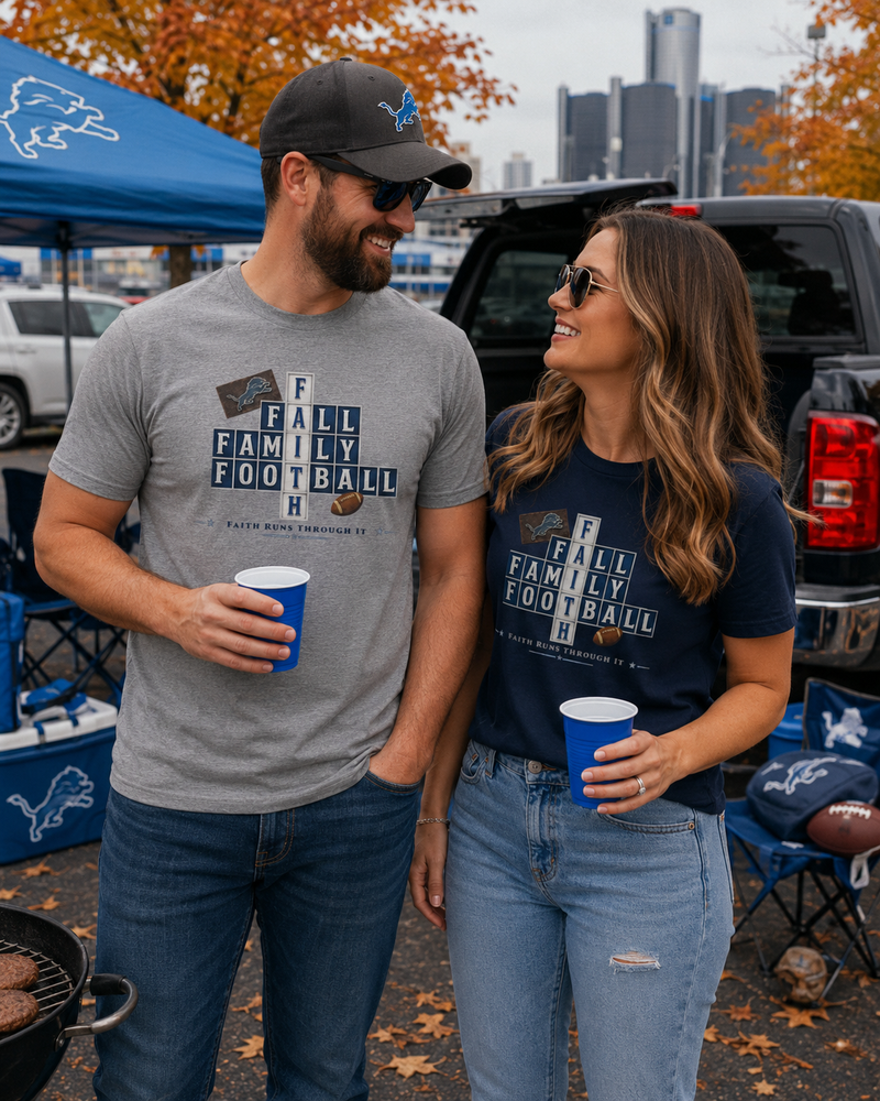 Faith & Sport | Fall Family Football — T-Shirt Faith Runs Through It-Detroit Edition | Game Day Faith Tee | Veteran-Owned Small Business | Liberty & Victory Co.