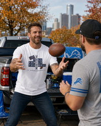 Faith & Sport | Fall Family Football — T-Shirt Faith Runs Through It-Detroit Edition | Game Day Faith Tee | Veteran-Owned Small Business | Liberty & Victory Co.