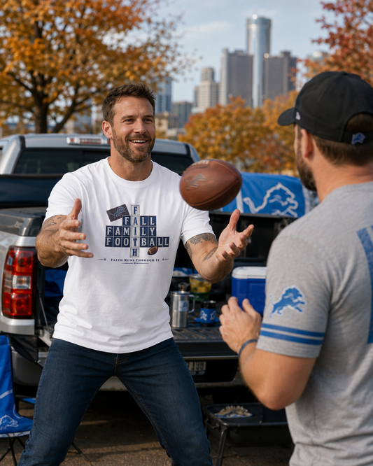 Faith & Sport | Fall Family Football — T-Shirt Faith Runs Through It-Detroit Edition | Game Day Faith Tee | Veteran-Owned Small Business | Liberty & Victory Co.
