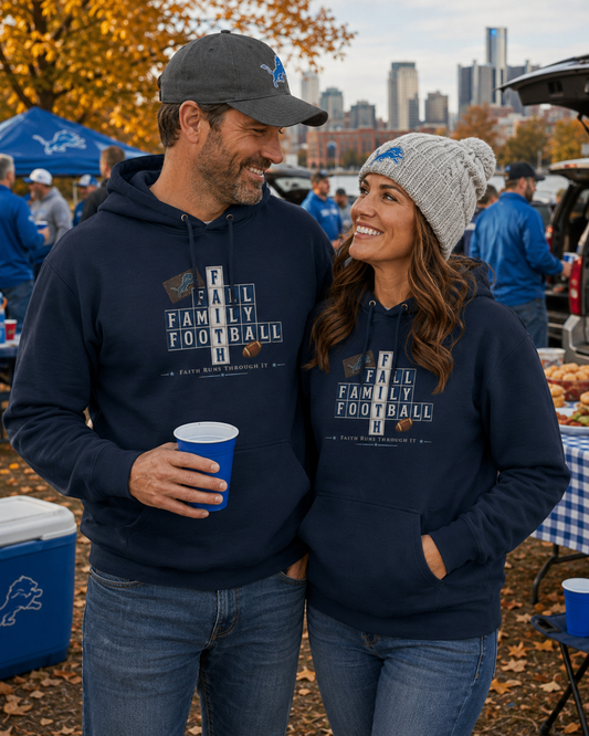 Faith & Sport | Fall Family Football — Premium Hoodie Faith Runs Through It-Detroit Edition | Game Day Faith Hoodie | Veteran-Owned Small Business | Liberty & Victory Co.