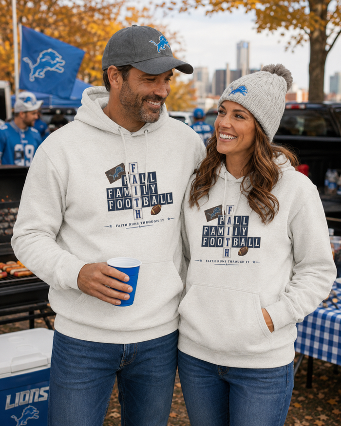 Faith & Sport | Fall Family Football — Premium Hoodie Faith Runs Through It-Detroit Edition | Game Day Faith Hoodie | Veteran-Owned Small Business | Liberty & Victory Co.
