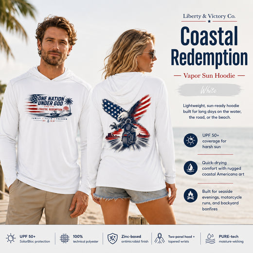 Christian Patriotic Sun Hoodie | One Nation Under God & OMR Eagle | UPF 50+ Solar Hoodie | Eagle Flag Design | Signature Line | Built with Intention