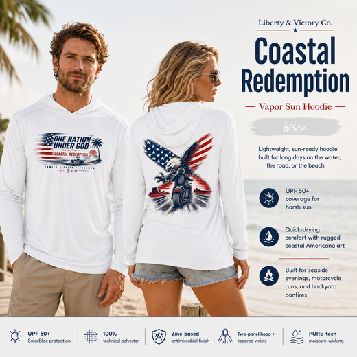 Christian Patriotic Sun Hoodie | One Nation Under God & OMR Eagle | UPF 50+ Solar Hoodie | Eagle Flag Design | Signature Line | Built with Intention
