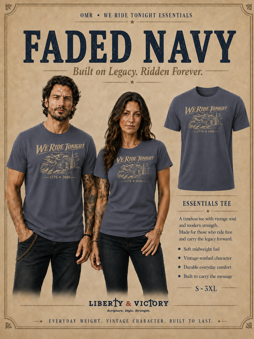 Patriotic Christian T-Shirt | We Ride Tonight | Everyday Essentials | Original Midnight Rider 1776–2026 | Liberty & Victory Co.
