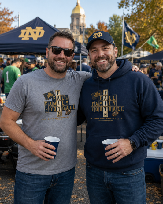 Faith & Sport | Fall Family Football — Hoodie | Faith Runs Through It-Notre Dame Edition | Game Day Faith Hoodie | Veteran-Owned Small Business | Liberty & Victory Co.