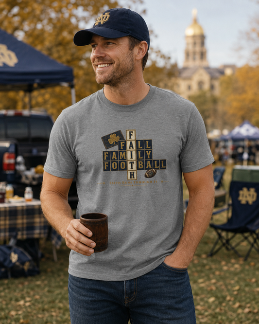 Faith & Sport | Fall Family Football — T-Shirt Faith Runs Through It-Notre Dame Edition | Game Day Faith Tee | Veteran-Owned Small Business | Liberty & Victory Co.
