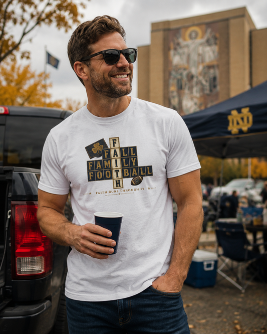Faith & Sport | Fall Family Football — T-Shirt Faith Runs Through It-Notre Dame Edition | Game Day Faith Tee | Veteran-Owned Small Business | Liberty & Victory Co.