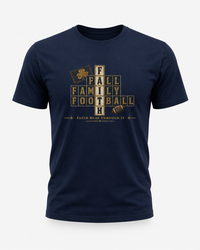 Faith & Sport | Fall Family Football — T-Shirt Faith Runs Through It-Notre Dame Edition | Game Day Faith Tee | Veteran-Owned Small Business | Liberty & Victory Co.