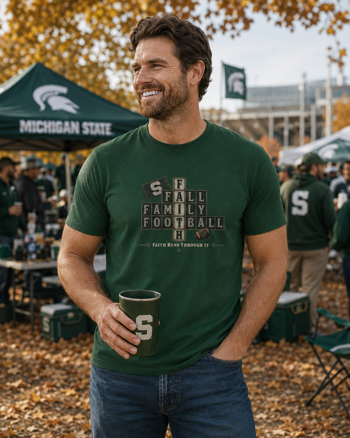 Faith & Sport | Fall Family Football — T-Shirt Faith Runs Through It-Michigan State Edition | Game Day Faith Tee | Veteran-Owned Small Business | Liberty & Victory Co.