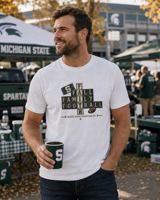 Faith & Sport | Fall Family Football — T-Shirt Faith Runs Through It-Michigan State Edition | Game Day Faith Tee | Veteran-Owned Small Business | Liberty & Victory Co.