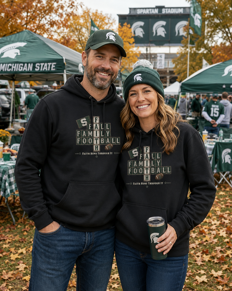 Faith & Sport | Fall Family Football — Hoodie | Faith Runs Through It-Michigan State Edition | Game Day Faith Hoodie | Veteran-Owned Small Business | Liberty & Victory Co.
