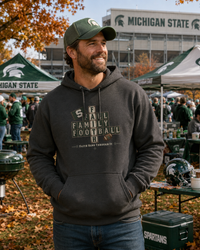 Faith & Sport | Fall Family Football — Hoodie | Faith Runs Through It-Michigan State Edition | Game Day Faith Hoodie | Veteran-Owned Small Business | Liberty & Victory Co.