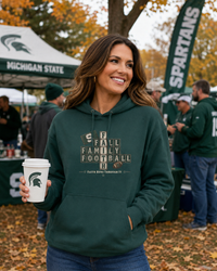 Faith & Sport | Fall Family Football — Hoodie | Faith Runs Through It-Michigan State Edition | Game Day Faith Hoodie | Veteran-Owned Small Business | Liberty & Victory Co.