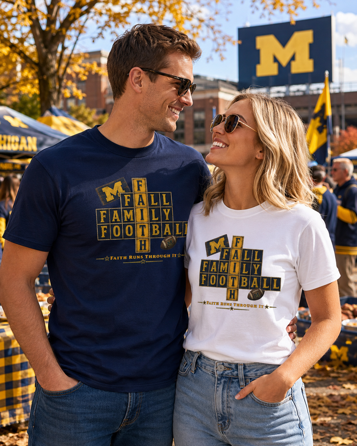 Faith & Sport | Fall Family Football — T-Shirt Faith Runs Through It-Michigan Edition | Game Day Faith Tee | Veteran-Owned Small Business | Liberty & Victory Co.