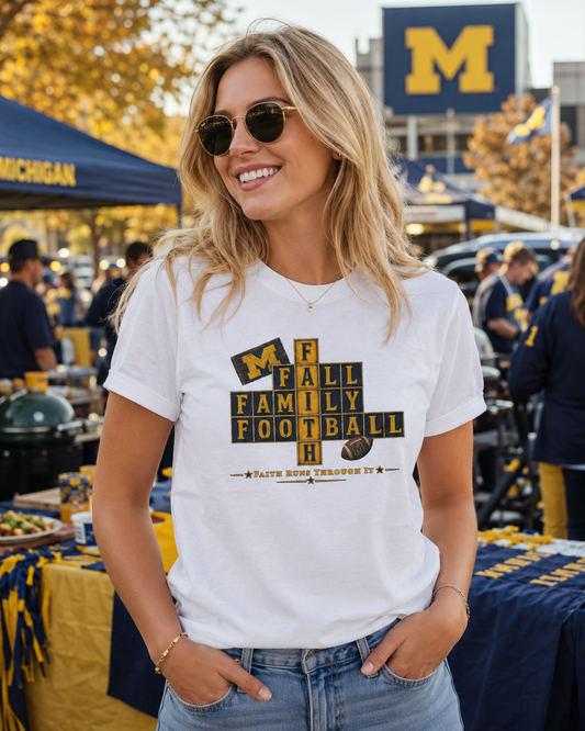 Faith & Sport | Fall Family Football — T-Shirt Faith Runs Through It-Michigan Edition | Game Day Faith Tee | Veteran-Owned Small Business | Liberty & Victory Co.