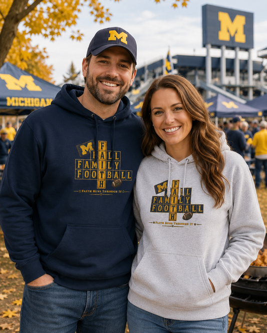Faith & Sport | Fall Family Football — Hoodie | Faith Runs Through It-Michigan Edition | Game Day Faith Hoodie | Veteran-Owned Small Business | Liberty & Victory Co.