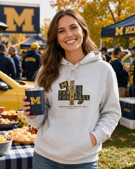 Faith & Sport | Fall Family Football — Hoodie | Faith Runs Through It-Michigan Edition | Game Day Faith Hoodie | Veteran-Owned Small Business | Liberty & Victory Co.