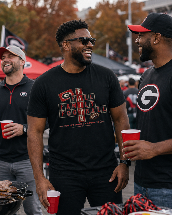 Faith & Sport | Fall Family Football — T-Shirt Faith Runs Through It-Georgia Bulldogs Edition | Game Day Faith Tee | Veteran-Owned Small Business | Liberty & Victory Co.