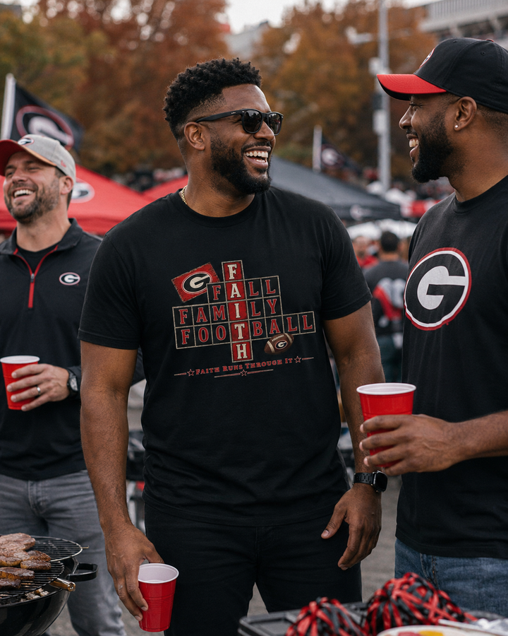 Faith & Sport | Fall Family Football — T-Shirt Faith Runs Through It-Georgia Bulldogs Edition | Game Day Faith Tee | Veteran-Owned Small Business | Liberty & Victory Co.