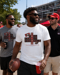 Faith & Sport | Fall Family Football — T-Shirt Faith Runs Through It-Georgia Bulldogs Edition | Game Day Faith Tee | Veteran-Owned Small Business | Liberty & Victory Co.