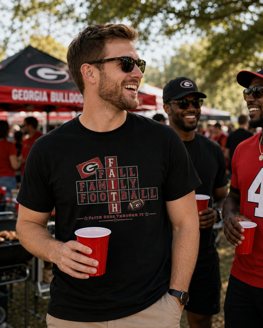 Faith & Sport | Fall Family Football — T-Shirt Faith Runs Through It-Georgia Bulldogs Edition | Game Day Faith Tee | Veteran-Owned Small Business | Liberty & Victory Co.