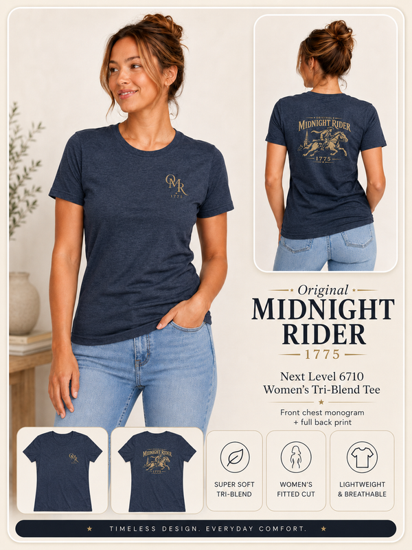 Women's Patriotic T-Shirt | Midnight Rider 1775 Heritage Tri-Blend Edition | Veteran-Owned | Liberty & Victory Co.