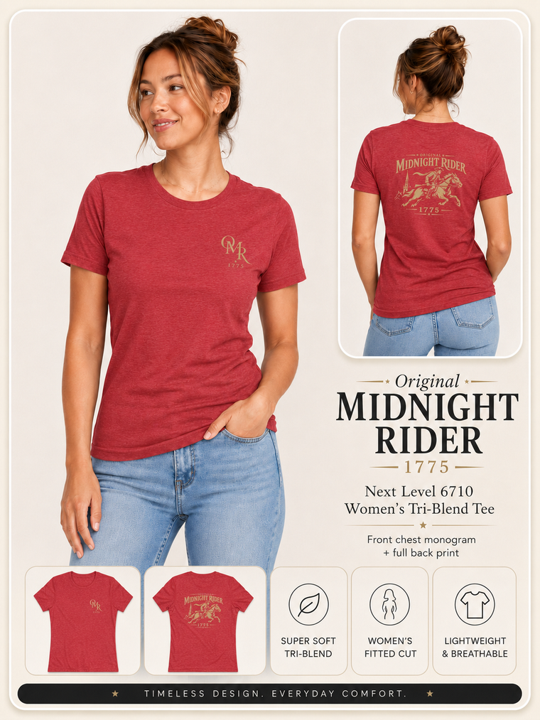 Women's Patriotic T-Shirt | Midnight Rider 1775 Heritage Tri-Blend Edition | Veteran-Owned | Liberty & Victory Co.