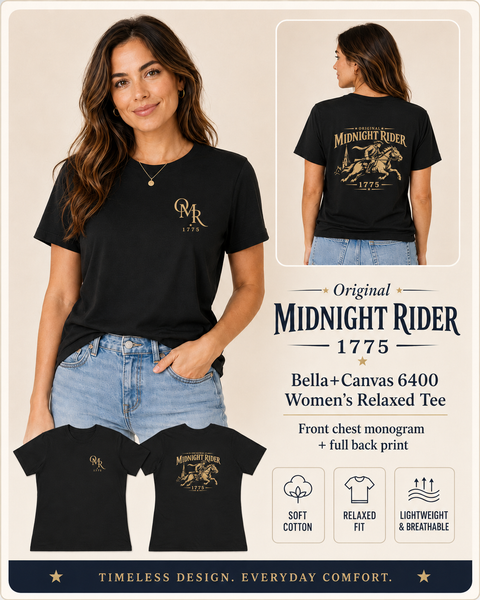 Women's Patriotic T-Shirt | Midnight Rider 1775 Heritage Cotton Edition | Veteran-Owned | Liberty & Victory Co.