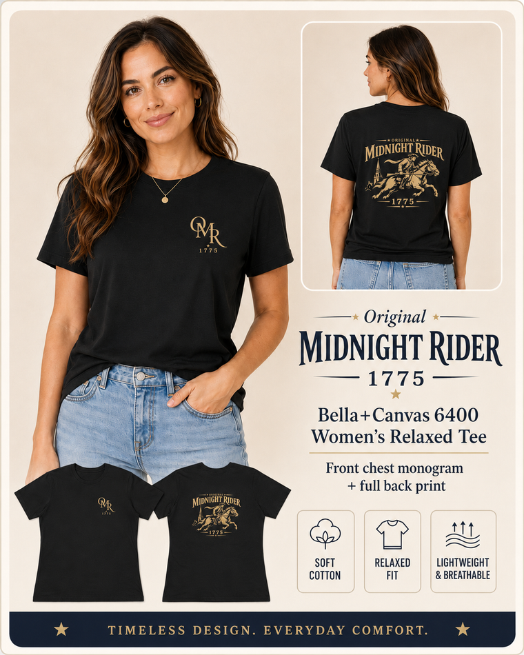 Women's Patriotic T-Shirt | Midnight Rider 1775 Heritage Cotton Edition | Veteran-Owned | Liberty & Victory Co.