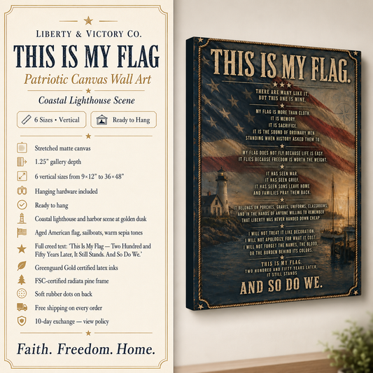 Patriotic Canvas Wall Art | This Is My Flag Coastal Lighthouse American Flag | Veteran-Owned | Liberty & Victory Co.