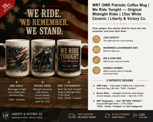 Patriotic Coffee Mug | We Ride Tonight OMR Eagle Ceramic Mug 15oz | Veteran-Owned | Liberty & Victory Co.
