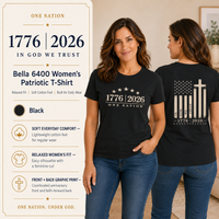 Christian Patriotic Women's T-Shirt | One Nation 1776–2026 Flag & Cross Anniversary Tee | Veteran-Owned | Liberty & Victory Co.