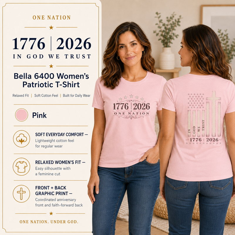 Christian Patriotic Women's T-Shirt | One Nation 1776–2026 Flag & Cross Anniversary Tee | Veteran-Owned | Liberty & Victory Co.