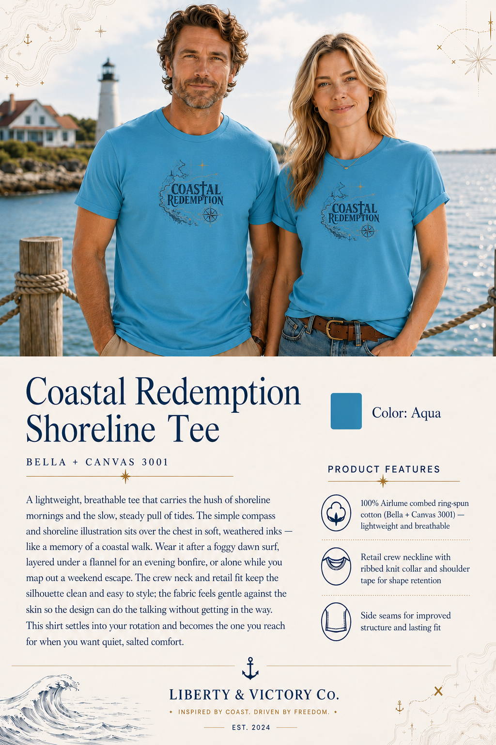 Coastal Faith T-Shirt | Coastal Redemption Nautical Chart Compass Tee | Salt & Salvation | Veteran-Owned | Liberty & Victory Co.