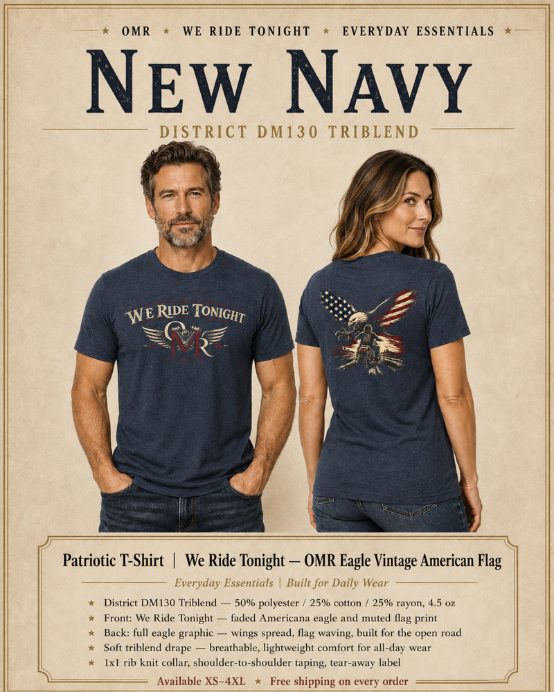 Patriotic T-Shirt | We Ride Tonight OMR Eagle Vintage American Flag Triblend Tee | Veteran-Owned | Liberty & Victory Co.