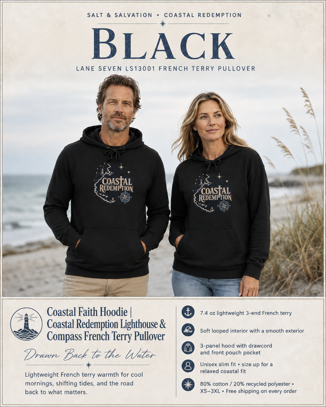 Coastal Faith Hoodie | Coastal Redemption Lighthouse & Compass French Terry Pullover | Salt & Salvation | Veteran-Owned | Liberty & Victory Co.