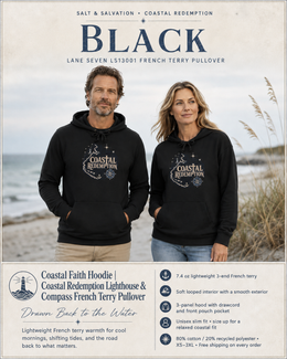 Coastal Faith Hoodie | Coastal Redemption Lighthouse & Compass French Terry Pullover | Salt & Salvation | Veteran-Owned | Liberty & Victory Co.