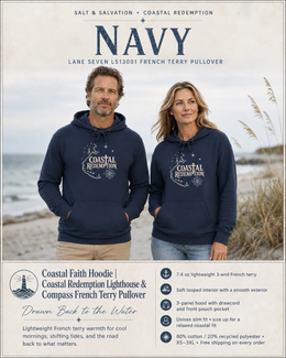 Coastal Faith Hoodie | Coastal Redemption Lighthouse & Compass French Terry Pullover | Salt & Salvation | Veteran-Owned | Liberty & Victory Co.