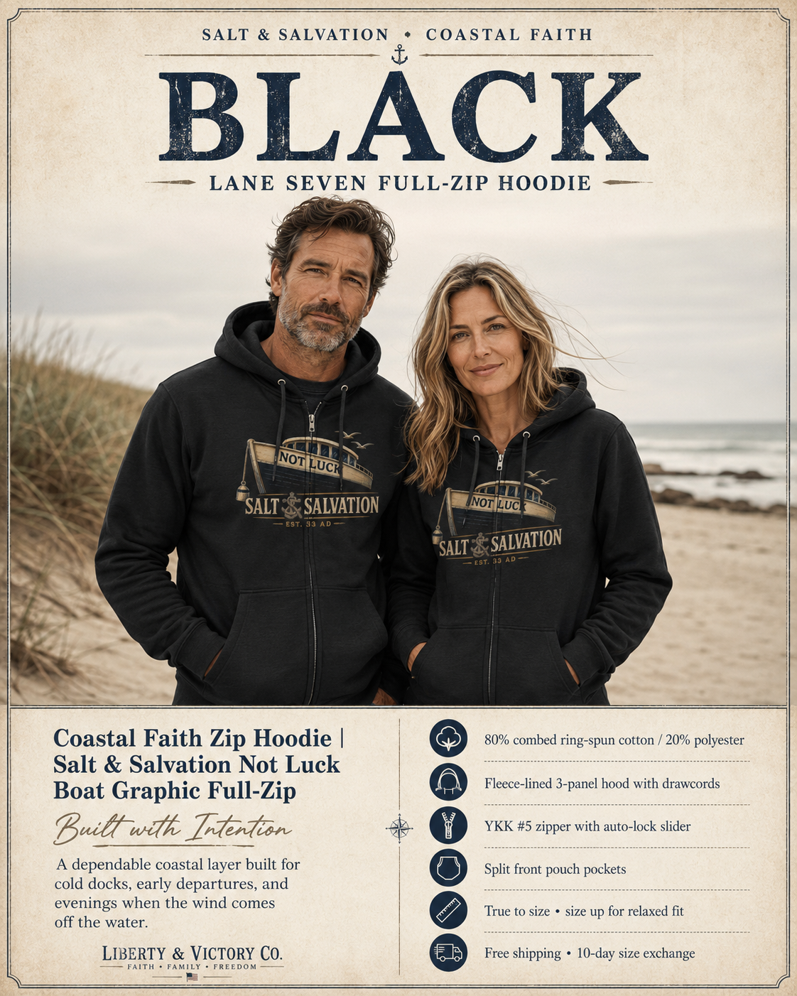 Coastal Faith Zip Hoodie | Salt & Salvation "Not Luck" Boat Graphic Full-Zip | Veteran-Owned | Liberty & Victory Co.