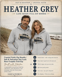 Coastal Faith Zip Hoodie | Salt & Salvation "Not Luck" Boat Graphic Full-Zip | Veteran-Owned | Liberty & Victory Co.