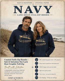 Coastal Faith Zip Hoodie | Salt & Salvation "Not Luck" Boat Graphic Full-Zip | Veteran-Owned | Liberty & Victory Co.