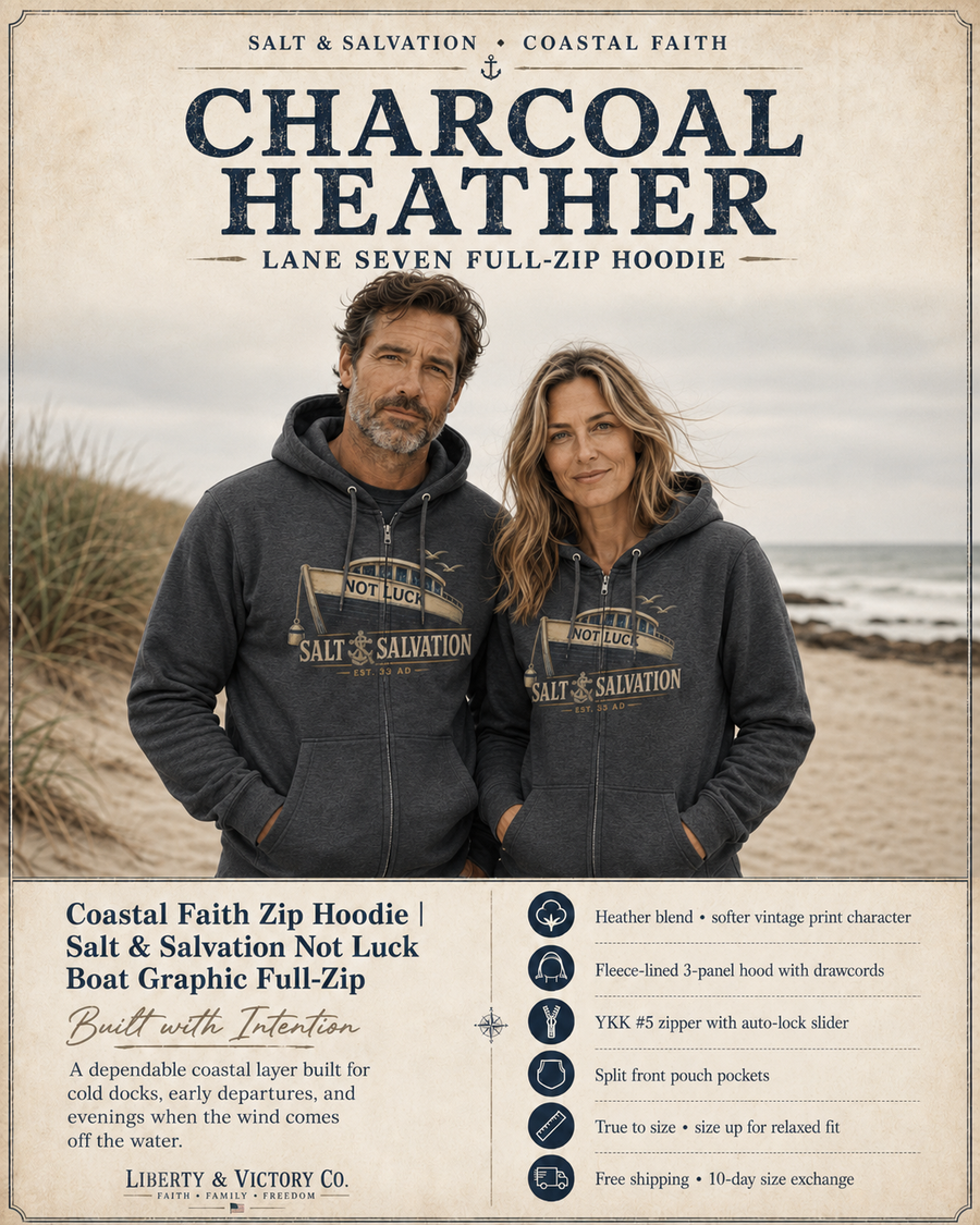 Coastal Faith Zip Hoodie | Salt & Salvation "Not Luck" Boat Graphic Full-Zip | Veteran-Owned | Liberty & Victory Co.