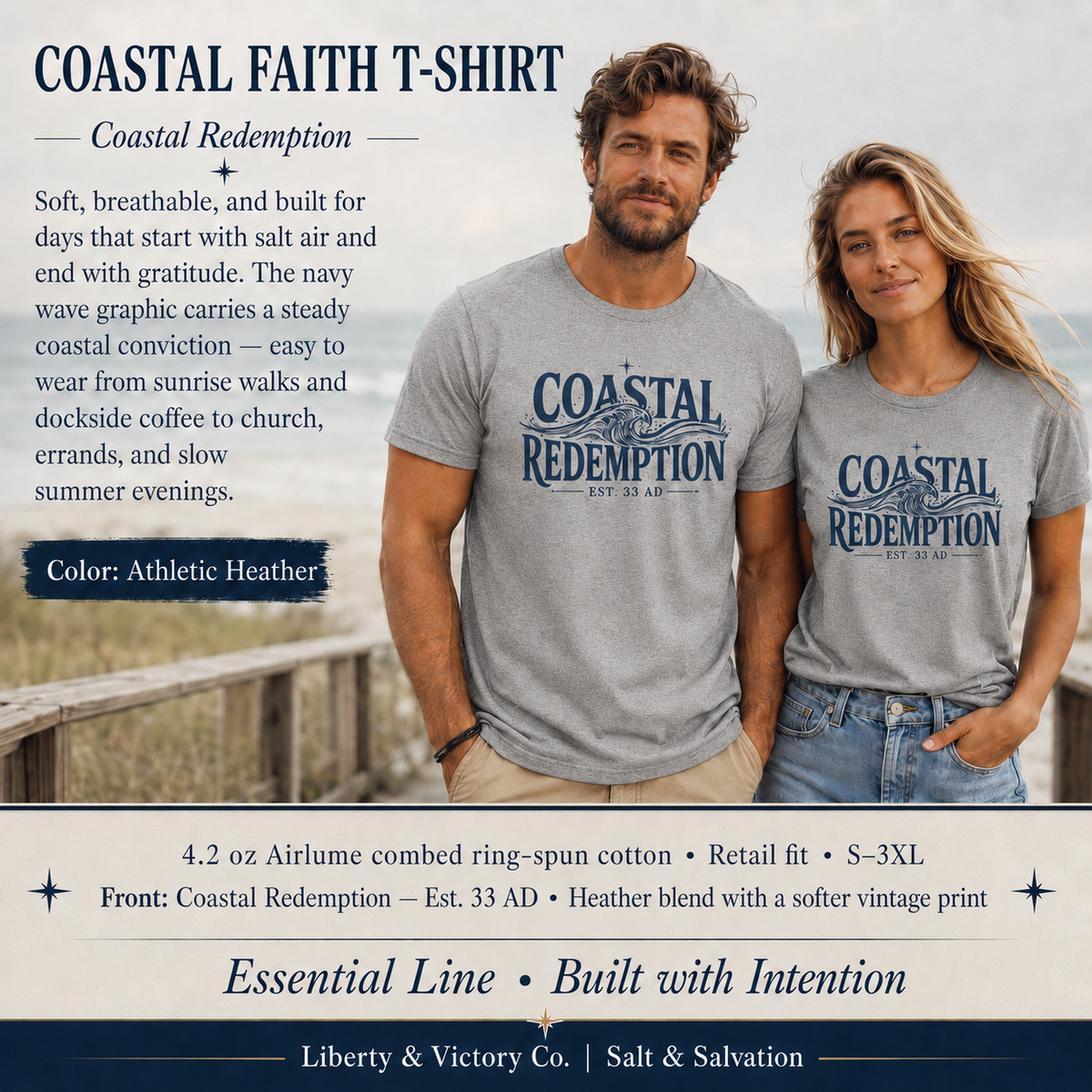 Coastal Faith T-Shirt | Coastal Redemption Est. 33 AD | Nautical Wave Graphic | Signature Line | Veteran-Owned | Liberty & Victory Co.