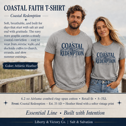 Coastal Faith T-Shirt | Coastal Redemption Est. 33 AD | Nautical Wave Graphic | Signature Line | Veteran-Owned | Liberty & Victory Co.