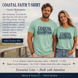 Coastal Faith T-Shirt | Coastal Redemption Est. 33 AD | Nautical Wave Graphic | Signature Line | Veteran-Owned | Liberty & Victory Co.