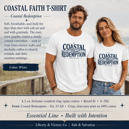 Coastal Faith T-Shirt | Coastal Redemption Est. 33 AD | Nautical Wave Graphic | Signature Line | Veteran-Owned | Liberty & Victory Co.