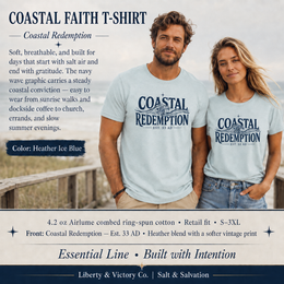 Coastal Faith T-Shirt | Coastal Redemption Est. 33 AD | Nautical Wave Graphic | Signature Line | Veteran-Owned | Liberty & Victory Co.